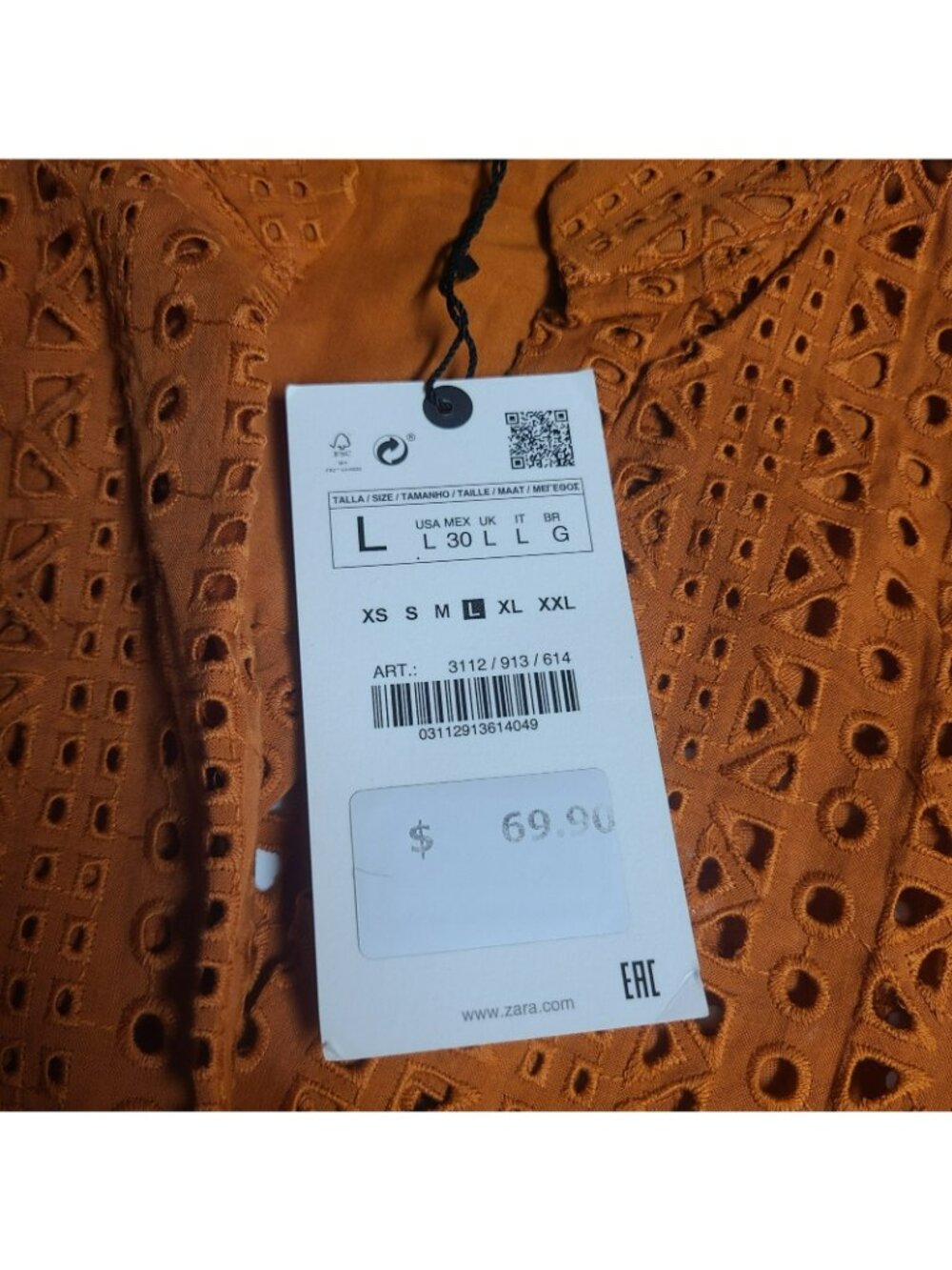 Zara Shirt Large Burnt Orange Eyelet 3112 913 3/4 Sleeve - Picture 3 of 8